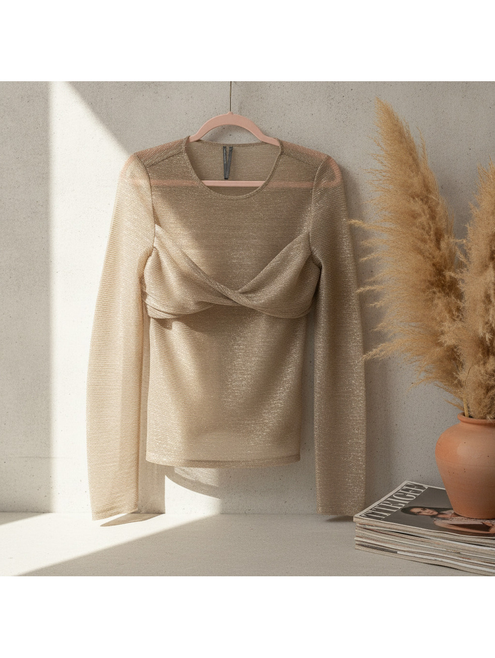 Anthropologie Metallic Knit Long Sleeve Top Beige S Women